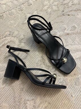 a new day Black Strappy Block Heel Sandals with Gold Accent Ball